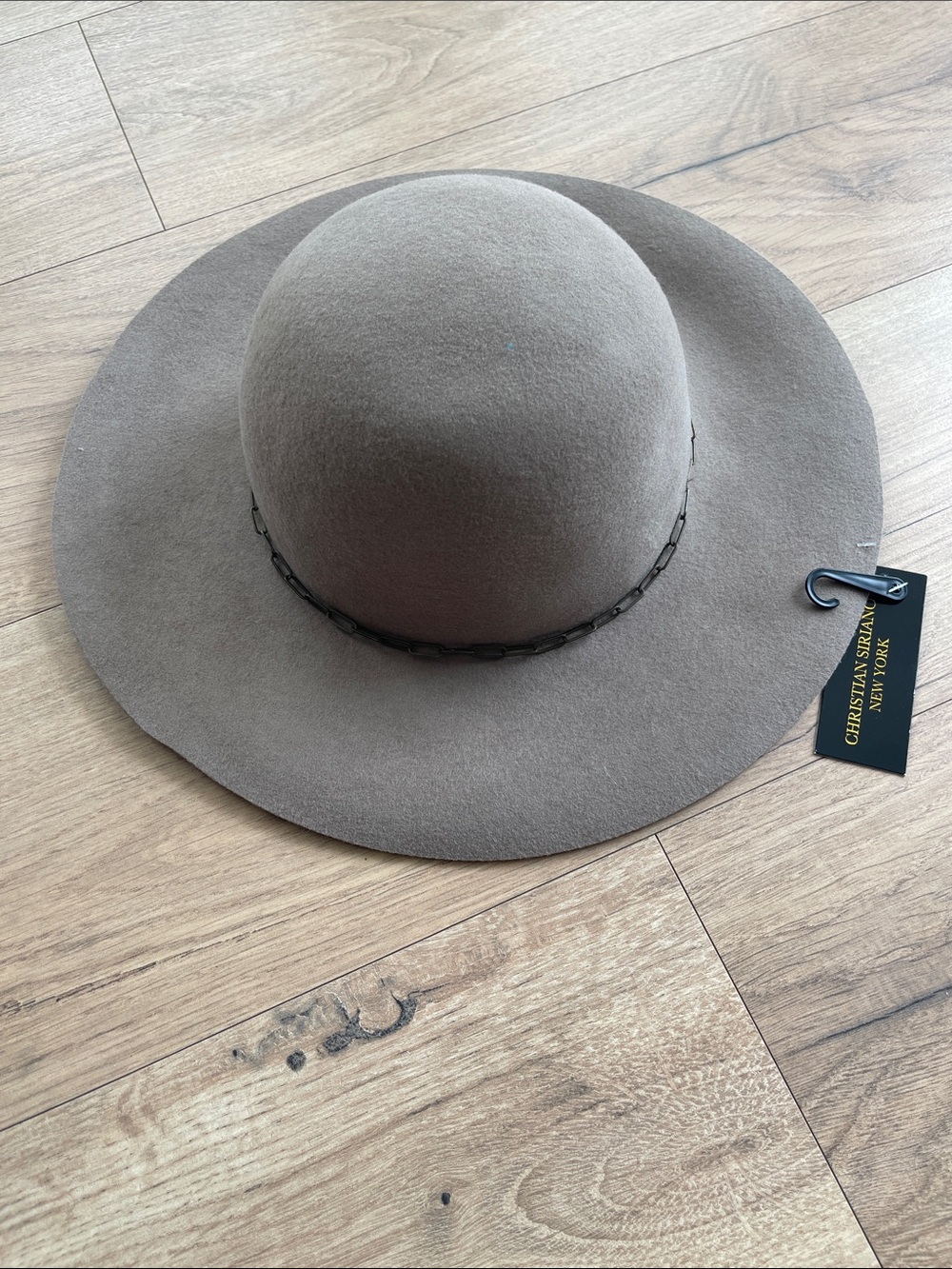 Christian Siriano Taupe Wide-Brim Felt Hat with Chain Trim